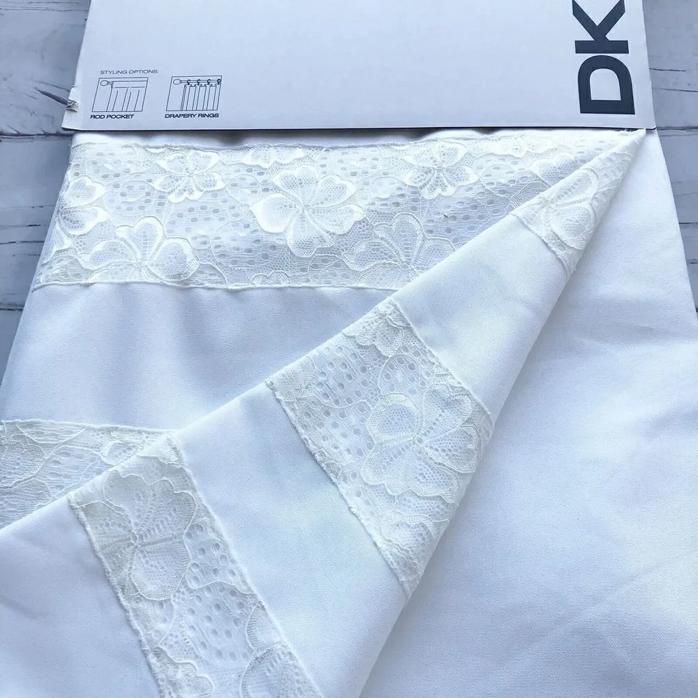 DKNY 2 Window Panels Curtains White Rod Pocket 50x96 City Lace Trim Drapes New